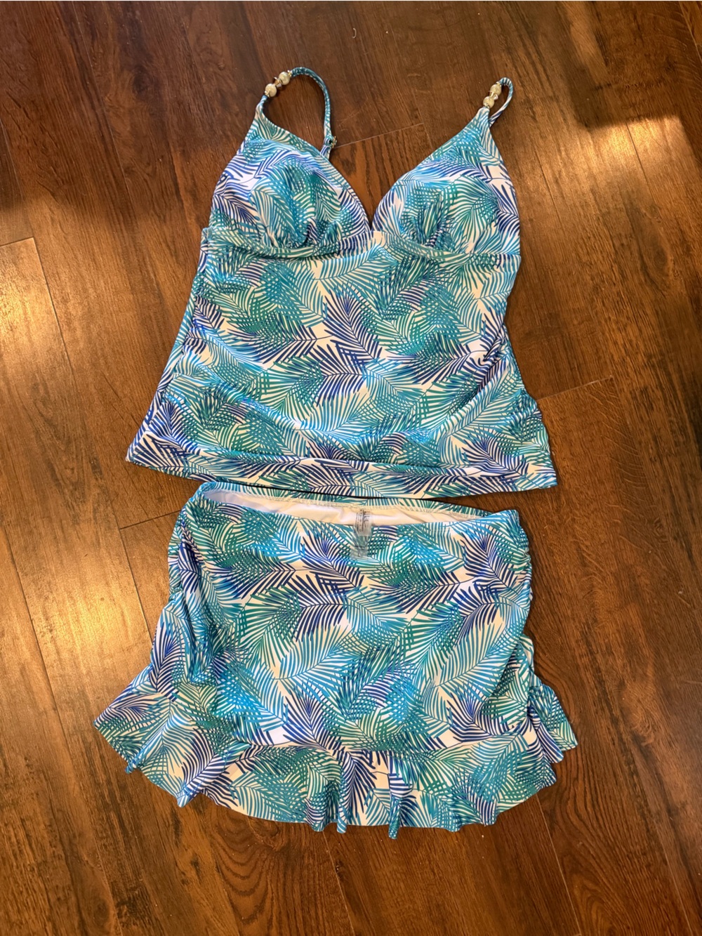 Nicole Miller Blue Green Palm-Print Tankini with Ruffle Skirt